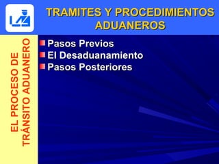 TRAMITES Y PROCEDIMIENTOS
                           ADUANEROS
                    Pasos Previos
TRÁNSITO ADUANERO

                    El Desaduanamiento
  EL PROCESO DE




                    Pasos Posteriores
 