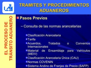 TRAMITES Y PROCEDIMIENTOS
                           ADUANEROS
                    Pasos Previos
TRÁNSITO ADUANERO
  EL PROCESO DE



                    – Consulta de las normas arancelarias

                        Clasificación Arancelaria
                        Tarifa
                        Acuerdos,       Tratados      o    Convenios
                        Internacionales
                        Material de Ensamblaje para Vehículos
                        (MEIV)
                        Clasificación Arancelaria Única (CAU)
                        Normas COVENIN
                        Sistema Andino de Franjas de Precio (SAFP)
 