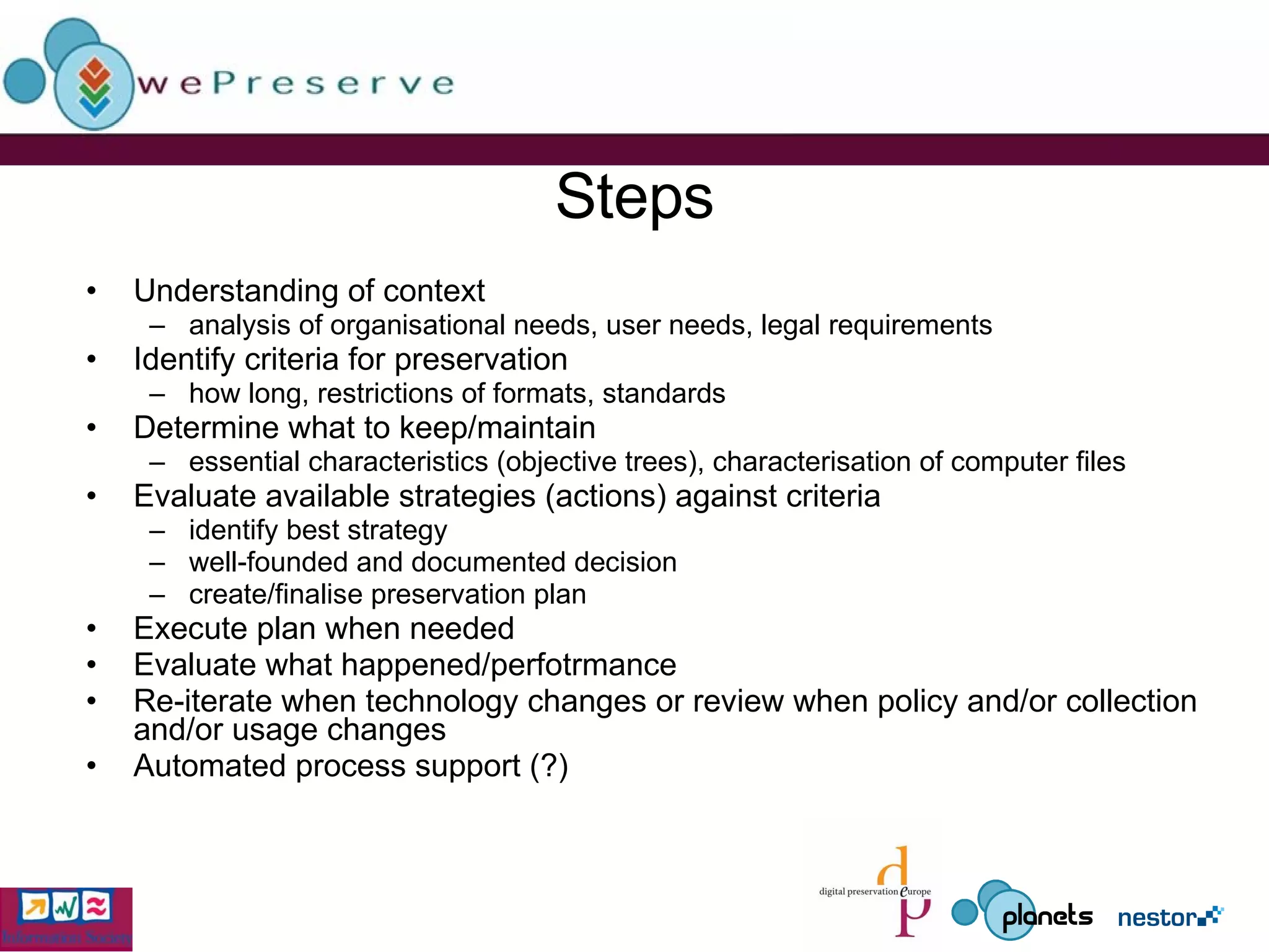 Steps Understanding of context analysis of organisational needs, user needs, legal requirements Identify criteria for preservation how long, restrictions of formats, standards  Determine what to keep/maintain essential characteristics (objective trees), characterisation of computer files Evaluate available strategies (actions) against criteria  identify best strategy well-founded and documented decision create/finalise preservation plan Execute plan when needed Evaluate what happened/perfotrmance Re-iterate when technology changes or review when policy and/or collection and/or usage changes Automated process support (?) 