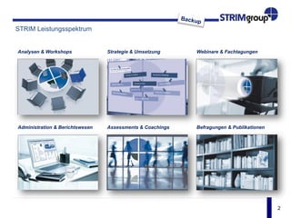 2
STRIM Leistungsspektrum
Analysen & Workshops
Administration & Berichtswesen
Strategie & Umsetzung
Assessments & Coachings
Webinare & Fachtagungen
Befragungen & Publikationen
 
