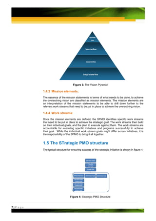 Figure 3: The Vision Pyramid

         1.4.3 Mission elements:
         The essence of the mission statements in terms of what needs to be done, to achieve
         the overarching vision are classified as mission elements. The mission elements are
         an interpretation of the mission statements to be able to drill down further to the
         relevant work streams that need to be put in place to achieve the overarching vision.

         1.4.4 Work streams:
         Once the mission elements are defined, the SPMO identifies specific work streams
         that need to be put in place to achieve the strategic goal. The work streams then build
         on their individual goals, and the plan to execute against them. The work streams are
         accountable for executing specific initiatives and programs successfully to achieve
         their goal. While the individual work stream goals might differ across initiatives, it is
         the responsibility of the SPMO to bring it all together.


         1.5 The STrategic PMO structure
         The typical structure for ensuring success of the strategic initiative is shown in figure 4




                                 Figure 4: Strategic PMO Structure



7|Page
 