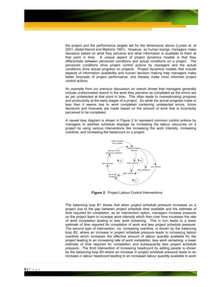 the project and the performance targets set for the dimensions above (Lyneis et. al
         2001; Abdel-Hamid and Madnick 1991). However, as human beings, managers make
         decisions based on what they perceive and what information is available to them at
         that point in time. A unique aspect of project dynamics models is that they
         differentiate between perceived conditions and actual conditions on a project. The
         perceived conditions drive project control actions by managers and the actual
         conditions drive actual progress on projects. Project dynamics models that include
         aspects of information availability and human decision making help managers make
         better forecasts of project performance, and thereby make more informed project
         control actions.

         An example from our previous discussion on rework shows that managers generally
         include undiscovered rework in the work they perceive as completed as the errors are
         as yet undetected at that point in time. This often leads to overestimating progress
         and productivity at the early stages of a project. So while the actual progress made is
         less than it seems due to work completed containing undetected errors, future
         decisions and forecasts are made based on the amount of work that is incorrectly
         perceived to be completed.

         A causal loop diagram is shown in Figure 2 to represent common control actions by
         managers to address schedule slippage by increasing the labour resources on a
         project by using various interventions like increasing the work intensity, increasing
         overtime, and increasing the headcount on a project.
                                                       p r oje c t s c h e d ule
                                                         ti m e a v a il a b l e

                                                                                                        O
                                                                                            S      p r oje c t s c h e d ul e
                                               e s ti m a t e o f ti m e                                  p r e s s u r e
                                        r e q u ir e d f o r c o m p l e ti o n

                                                   S
                                                                                                                S
                                                                              B 2                                                B 3
                                 w o rk r e m ai ni n g                                         l a b o u r o v e rti m e                                       S
                                               O                                                                                           S              w o r k i n t e n s it y
                                                                                                        S                   la b o u r h e a d c o u nt
                                                                                                                      S
                                                                                    l a b o u r q u a n tit y
                                               r at e o f w o rk          S
                                                 c o m p l e ti o n
                                                                      S
                                                                                                                    B 1




                          Figure 2: Project Labour Control Interventions


         The balancing loop B1 shows that when project schedule pressure increases on a
         project due to the gap between project schedule time available and the estimate of
         time required for completion, as an intervention option, managers increase pressure
         on the project team to increase work intensity which then over time increases the rate
         of work completion leading to less work remaining. This in turn leads to a lower
         estimate of time required for completion of work and less project schedule pressure.
         The second type of intervention, viz. increasing overtime, is shown by the balancing
         loop B2, where an increase in project schedule pressure leads to increasing labour
         overtime which increases the effective amount of labour quantity available for the
         project leading to an increasing rate of work completion, less work remaining, a lower
         estimate of time required for completion, and subsequently less project schedule
         pressure. The third intervention of increasing headcount by adding people is shown
         by the balancing loop B3 where an increase in project schedule pressure leads to an
         increase in labour headcount leading to an increased labour quantity available to work


9|Page
 