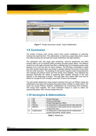 Figure 7 : Project documents, Issues, Topics Collaboration


               1.9 Conclusion
               The project involving multi country teams have unique challenges on planning,
               tracking and reporting front. The collaboration on planning, project documents, issues
               and status tracking can be dealt with proper abstraction and agile detailing.

               The abstraction with only stage gate scheduling, resource assignment and effort
               tracking offers a lot of simplicity while providing accurate project status. The different
               centers can build agile schedule that offers a detailed plan for immediate quarter while
               keeping it as a one line item for future quarters. The PM feels comfortable to detail
               and track quarter based plans and keeps it updated reflected the actual minute tasks
               that are under execution. The detailing of next quarter happens while incorporating the
               new changes and lessons learnt and thus brings more reliability. Thus following this
               approach eliminates the needs of preparing giant detailed schedule of two year
               duration in the beginning of project. This may take more rework effort and may be
               difficult to manage as 20% changes cause 80% of plan to be changed.

               The web based deployment using industry standard tool such as PSNext makes the
               collaboration very easy and increases the project status visibility to a large extent. The
               users can access Planner, MyWork, Collaboration etc components from anywhere.
               This brings them together. The email notification feature is useful to inform the
               approaching dates, team member assignments etc.


               1.10 Acronyms & Abbreviations
                  1.   PM                   Project Manager
                  2.   RM                   Resource Manager
                  3.   PMO                  Project Management Office
                  4.   Planner              A component in web based tool for task planning
                  5.   MyWork               A component in web based tool for resources to
                                            charge their time.
                  6.   Collaboration        A component in web based tool for collaboration
                                            project documents, issues, topics
                                              Table 2 : References




11 | P a g e
 