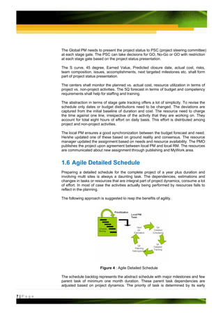 The Global PM needs to present the project status to PSC (project steering committee)
         at each stage gate. The PSC can take decisions for GO, No-Go or GO with restriction
         at each stage gate based on the project status presentation.

         The S curve, 45 degree, Earned Value, Predicted closure date, actual cost, risks,
         team composition, issues, accomplishments, next targeted milestones etc. shall form
         part of project status presentation.

         The centers shall monitor the planned vs. actual cost, resource utilization in terms of
         project vs. non-project activities. The 5Q forecast in terms of budget and competency
         requirements shall help for staffing and training.

         The abstraction in terms of stage gate tracking offers a lot of simplicity. To revise the
         schedule only dates or budget distributions need to be changed. The deviations are
         captured from the initial baseline of duration and cost. The resource need to charge
         the time against one line, irrespective of the activity that they are working on. They
         account for total eight hours of effort on daily basis. This effort is distributed among
         project and non-project activities.

         The local PM ensures a good synchronization between the budget forecast and need.
         He/she updated one of these based on ground reality and consensus. The resource
         manager updated the assignment based on needs and resource availability. The PMO
         publishes the project upon agreement between local PM and local RM. The resources
         are communicated about new assignment through publishing and MyWork area.


         1.6 Agile Detailed Schedule
         Preparing a detailed schedule for the complete project of a year plus duration and
         involving multi sites is always a daunting task. The dependencies, estimations and
         changes in tasks or resources that are integral part of project dynamics, consume a lot
         of effort. In most of case the activities actually being performed by resources fails to
         reflect in the planning.

         The following approach is suggested to reap the benefits of agility.




                                 Figure 4 : Agile Detailed Schedule

         The schedule backlog represents the abstract schedule with major milestones and few
         parent task of minimum one month duration. These parent task dependencies are
         adjusted based on project dynamics. The priority of task is determined by its early

7|Page
 