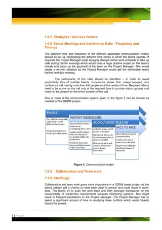 1.6.3 Strategies / Success factors:

         1.6.4 Status Meetings and Conference Calls - Frequency and
         Timings
         The optimum time and frequency of the different applicable communication modes
         should be set up considering the different time zones in which the teams operate. If
         required, the Project Manager could benignly change his/her work schedule to take up
         calls during his/her evenings which would have a huge positive impact on the team’s
         morale and boost up the good-will of the team on the Project Manager. This would
         create a win-win situation as the Project Manager would get the deliverable ready
         his/her next day morning.

                 The participants of the calls should be identified – in order to avoid
         productivity loss of multiple talents. Experience shows that, unless required, any
         conference call having more than 6-8 people would be waste of time. Required talents
         need to be active on the call only at the required time to provide status updates and
         need not be present for the entire duration of the call.

         One or more of the communication options given in the figure 3 can be chosen as
         needed for the GDDM project.




                                Figure 3: Communication modes

         1.6.5    Collaboration and Team work

         1.6.6 Challenge:
         Collaboration and team work gains more importance in a GDDM based project as the
         teams seldom get a chance to meet each other in person and could result in work-
         silos. The teams try to push the work back and forth amongst themselves for the
         responsibility of border-line requirements between interfacing systems. This might
         result in frequent escalations to the Project Manager. The Project Manager has to
         spend a significant amount of time in resolving these conflicts which would heavily
         impact the project.



7|Page
 