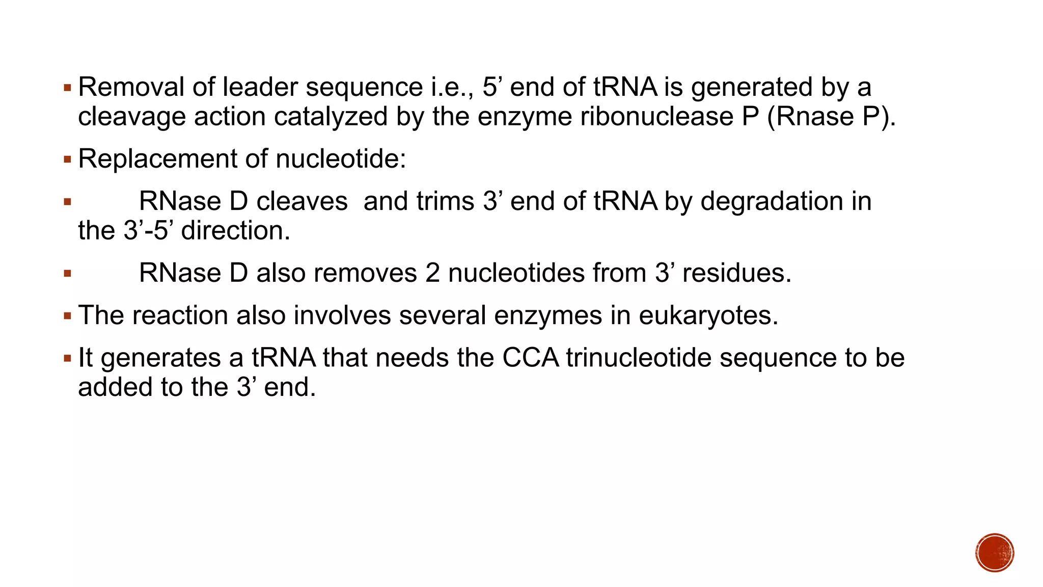  Removal of leader sequence i.e., 5’ end of tRNA is generated by a
cleavage action catalyzed by the enzyme ribonuclease P (Rnase P).
 Replacement of nucleotide:
 RNase D cleaves and trims 3’ end of tRNA by degradation in
the 3’-5’ direction.
 RNase D also removes 2 nucleotides from 3’ residues.
 The reaction also involves several enzymes in eukaryotes.
 It generates a tRNA that needs the CCA trinucleotide sequence to be
added to the 3’ end.
 
