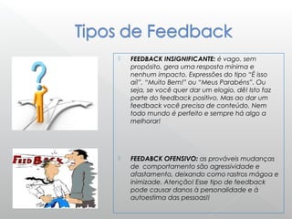  FEEDBACK INSIGNIFICANTE: é vago, sem
propósito, gera uma resposta mínima e
nenhum impacto. Expressões do tipo “É isso
aí!”, “Muito Bem!” ou “Meus Parabéns”. Ou
seja, se você quer dar um elogio, dê! Isto faz
parte do feedback positivo. Mas ao dar um
feedback você precisa de conteúdo. Nem
todo mundo é perfeito e sempre há algo a
melhorar!
 
 
 FEEDABCK OFENSIVO: as prováveis mudanças
de comportamento são agressividade e
afastamento, deixando como rastros mágoa e
inimizade. Atenção! Esse tipo de feedback
pode causar danos à personalidade e à
autoestima das pessoas!!  
 