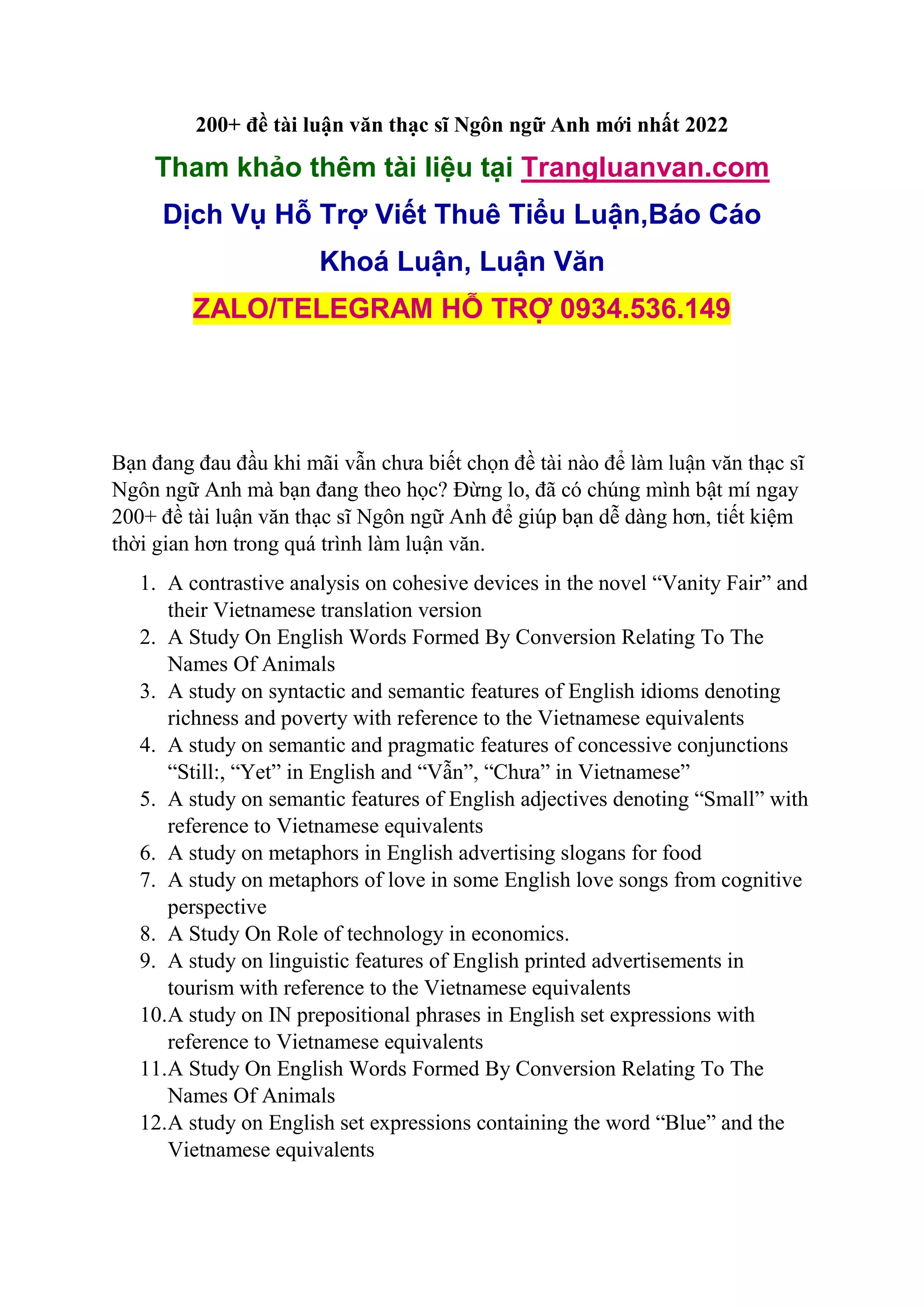 Trọn Bộ 200 Đề Tài Luận Văn Thạc Sĩ Ngôn Ngữ Anh | DOCX