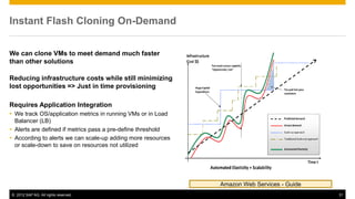 Instant Flash Cloning On-Demand


We can clone VMs to meet demand much faster
than other solutions

Reducing infrastructure costs while still minimizing
lost opportunities => Just in time provisioning

Requires Application Integration
 We track OS/application metrics in running VMs or in Load
  Balancer (LB)
 Alerts are defined if metrics pass a pre-define threshold
 According to alerts we can scale-up adding more resources
  or scale-down to save on resources not utilized




                                                              Amazon Web Services - Guide
© 2012 SAP AG. All rights reserved.                                                         31
 