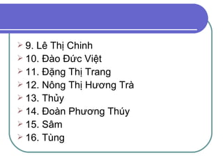 9. Lê Thị Chinh 10. Đào Đức Việt 11. Đặng Thị Trang 12. Nông Thị Hương Trà 13. Thủy 14. Đoàn Phương Thúy 15. Sâm 16. Tùng 