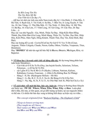 15
Sa Bến Long Tân Sóc
Thủ Tây Biên Mỹ Bà
Chợ Vĩnh Gò Cần Bạc (*)
…(để học trò nhớ các tỉnh của miền Nam trước đây là 1: Gia Định, 2: Châu Đốc, 3:
Hà Tiên, 4: Rạch Giá, 5: Trà Vinh, 6: Sa Đéc, 7: Bến Tre, 8: Long Xuyên, 9: Tân
An, 10: Sóc Trăng, 11: Thủ Dầu Một, 12: Tây Ninh, 13: Biên Hòa, 14: Mỹ Tho,
15; Bà Rịa, 16: Chợ Lớn, 17: Vĩnh Long, 18: Gò Công, 19: Cần Thơ, 20: Bạc
Liêu.…);
Hay các vua nhà Nguyễn : Gia, Minh, Thiệu Tự Dục, Hiệp Kiến Hàm Đồng
Thành, Duy Khải Bảo
);
Hay các hoàng đế La mã : CesAuTiCaClau Ne Gal O Vi Ves Ti Do (César,
Auguste, Tibère Caligula, Claude, Neron, Galba, Othon, Vitellus, Vespasien, Titus,
Domitien).
Hay “HOMES” để nhớ tên ngủ hồ bên Mỹ là Huron, Ontario, Michigan, Erie, và
Superior.
b/ Về khoa học (Acrostic-nhớ chữ cái đứng đầu từ), thí dụ trong bảng phân loại
tuần hoàn Mendeleev,
- Cột 6 thì có O S Se Te Po (Oxy, lưu huỳ
)
- cột I gồm H Li Na K Rb Cs Fr (Hydro, Lithium, Natrium, Kalium,
Rubidium, Cesium, Francium…). (Hôn LiNa Không Run X Phăng)
- Hàng I : H, He (Hydrogene Helium – )
ng Cô Ni O )
Hàng 3 : Na, Mg, Al, Si, P , Ph -Lo )
c/ Về cách thức viết một bài báo, báo cáo, luận án, chúng ta thường được khuyên
các bước sau : 5W 1H : Where, When, Who, What, Why và How. Luôn phải
nhớ ở đâu, khi nào, ai liên quan, cái gì (đối tượng sự kiện), tại sao (nguyên nhân)
và thế nào. Có nhiều bài báo đọc xong ta không biết được sự kiện xảy ra ở đâu…
This concept originated from "Rudyard Kipling - The Elephant's Child"
I Keep six honest serving-men:
(They taught me all I knew)
Their names are What and Where and When
And How and Why and Who
 