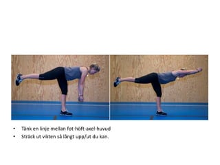 •   Tänk en linje mellan fot-höft-axel-huvud
•   Sträck ut vikten så långt upp/ut du kan.
 