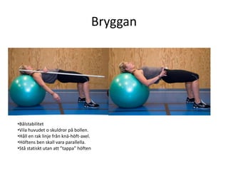 Bryggan




•Bålstabilitet
•Vila huvudet o skuldror på bollen.
•Håll en rak linje från knä-höft-axel.
•Höftens ben skall vara parallella.
•Stå statiskt utan att ”tappa” höften
 