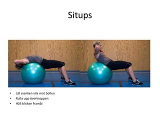 Situps




•   Låt svanken vila mot bollen
•   Rulla upp överkroppen
•   Håll blicken framåt
 