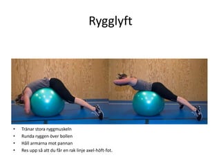 Rygglyft




•   Tränar stora ryggmuskeln
•   Runda ryggen över bollen
•   Håll armarna mot pannan
•   Res upp så att du får en rak linje axel-höft-fot.
 