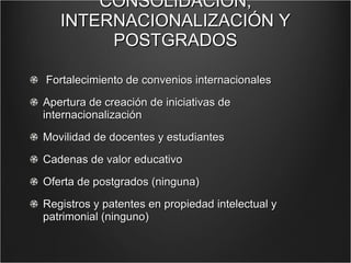 CONSOLIDACIÓN, INTERNACIONALIZACIÓN Y POSTGRADOS   Fortalecimiento de convenios internacionales Apertura de creación de iniciativas de internacionalización Movilidad de docentes y estudiantes  Cadenas de valor educativo Oferta de postgrados (ninguna) Registros y patentes en propiedad intelectual y patrimonial (ninguno) 