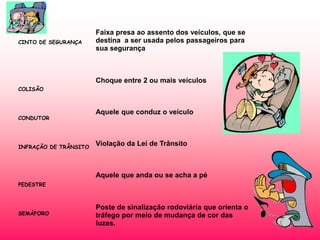 CINTO DE SEGURANÇA

Faixa presa ao assento dos veículos, que se
destina a ser usada pelos passageiros para
sua segurança

Choque entre 2 ou mais veículos
COLISÃO

CONDUTOR

INFRAÇÃO DE TRÂNSITO

Aquele que conduz o veículo

Violação da Lei de Trânsito

Aquele que anda ou se acha a pé
PEDESTRE

SEMÁFORO

Poste de sinalização rodoviária que orienta o
tráfego por meio de mudança de cor das
luzes.

 