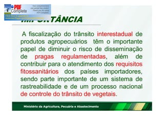 IMPORTÂNCIA 
A fiscalização do trânsito interestadual de 
produtos agropecuários têm o importante 
papel de diminuir o risco de disseminação 
de pragas regulamentadas, além de 
contribuir para o atendimento dos requisitos 
fitossanitários dos países importadores, 
sendo parte importante de um sistema de 
rastreabilidade e de um processo nacional 
de controle do trânsito de vegetais. 
 