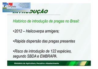 INTRODUÇÃO 
Histórico de introdução de pragas no Brasil: 
•2012 – Helicoverpa armigera; 
•Rápida dispersão das pragas presentes 
•Risco de introdução de 122 espécies, 
segundo SBDA e EMBRAPA. 
 