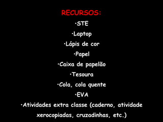 RECURSOS: STE Laptop Lápis de cor Papel Caixa de papelão Tesoura Cola, cola quente EVA Atividades extra classe (caderno, atividade xerocopiadas, cruzadinhas, etc.) 