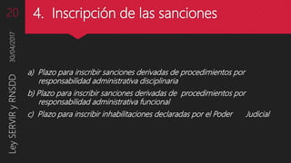 4. Inscripción de las sanciones
a) Plazo para inscribir sanciones derivadas de procedimientos por
responsabilidad administrativa disciplinaria
b) Plazo para inscribir sanciones derivadas de procedimientos por
responsabilidad administrativa funcional
c) Plazo para inscribir inhabilitaciones declaradas por el Poder Judicial
30/04/2017LeySERVIRyRNSDD20
 