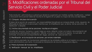 5. Modificaciones ordenadas por el Tribunal del
Servicio Civil y el Poder Judicial
Toda resolución administrativa o judicial que declare la suspensión por medida cautelar, modificación, nulidad
o revocación de la sanción debe ser inscrita en el registro en un plazo no mayor de cinco (5) días hábiles
5.1. Cómputo del plazo de la sanción
El plazo de la sanción de suspensión por responsabilidad disciplinaria se computa desde el día siguiente de
efectuada la notificación al sancionado; mientras que la inhabilitación que se deriva de las sanciones de
destitución o despido
5.2. Archivo documentado de las sanciones inscritas en el registro
Los jefes de recursos humanos, o quien haga sus veces, deberán contar con toda la documentación del
procedimiento administrativo disciplinario referida a la sanción inscrita en el registro, la cual debe ser
archivada en la sección correspondiente del legajo personal de cada servidor civil.
5.3 Rectificación en la inscripción de sanciones por errores materiales
Como hemos precisado, las inscripciones realizadas por las entidades públicas en el registro no constituyen
actos administrativos, por tanto, no procede la interposición de recurso impugnatorio alguno.
a) Previo al proceso de incorporación
b) Verificación mensual de los inhabilitados
30/04/2017LeySERVIRyRNSDD21
 