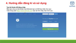 4. Hướng dẫn đăng kí và sử dụng 
Tạo tài khoản để đăng nhập 
Nếu bạn chưa có tài khoản của Edmodo bạn có thể thực hiện như sau: 
•Vào trang web https://www.edmodo.com bạn sẽ nhìn thấy màn hình sau: 
 