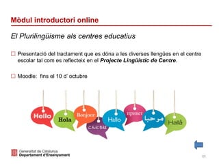 Identificació del departament o organisme
Mòdul introductori online
 Presentació del tractament que es dóna a les diverses llengües en el centre
escolar tal com es reflecteix en el Projecte Lingüístic de Centre.
 Moodle: fins el 10 d’ octubre
El Plurilingüisme als centres educatius
11
 