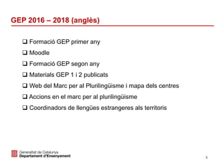 Identificació del departament o organisme
GEP 2016 – 2018 (anglès)
8
 Formació GEP primer any
 Moodle
 Formació GEP segon any
 Materials GEP 1 i 2 publicats
 Web del Marc per al Plurilingüisme i mapa dels centres
 Accions en el marc per al plurilingüisme
 Coordinadors de llengües estrangeres als territoris
 