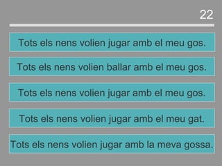 Tots els nens volien jugar amb el meu gat.
Tots els nens volien jugar amb el meu gos.
Tots els nens volien ballar amb el meu gos.
Tots els nens volien jugar amb el meu gos.
22
Tots els nens volien jugar amb la meva gossa.
 