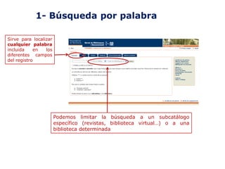 1- Búsqueda por palabra
Sirve para localizar
cualquier palabra
incluida
en
los
diferentes campos
del registro

Podemos limitar la búsqueda a un subcatálogo
específico (revistas, biblioteca virtual…) o a una
biblioteca determinada

 
