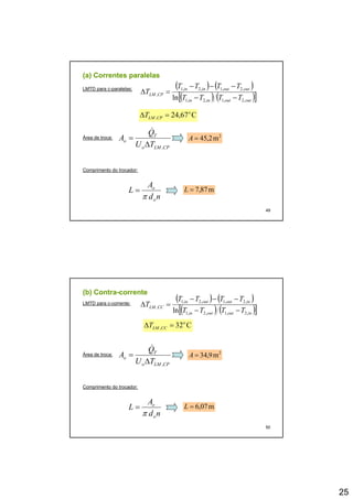 25
(a) Correntes paralelas(a) Correntes paralelas
LMTD para c-paralelas: ( ) ( )
( ) ( )[ ]outoutinin
outoutinin
CPLM
TTTT
TTTT
T
,2,1,2,1
,2,1,2,1
,
ln −−
−−−
=Δ
C6724 o
ΔT C67,24, =Δ CPLMT
Área de troca:
CPLMo
T
o
TU
Q
A
,Δ
=
&
2
m2,45=A
49
Comprimento do trocador:
nd
A
L
o
o
π
= m87,7=L
(b) Contra(b) Contra--correntecorrente
LMTD para c-corrente:
( ) ( )
( ) ( )[ ]inoutoutin
inoutoutin
CCLM
TTTT
TTTT
T
,2,1,2,1
,2,1,2,1
,
ln −−
−−−
=Δ
C32o
, =Δ CCLMT
Área de troca:
CPLMo
T
o
TU
Q
A
,Δ
=
&
2
m9,34=A
50
Comprimento do trocador:
nd
A
L
o
o
π
= m07,6=L
 
