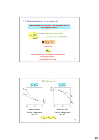 26
3.7. Efetividade de um trocador de calor
A efetividade de um trocador é um indicador do seuA efetividade de um trocador é um indicador do seu
desempenho térmicodesempenho térmico
maxQ
QT
&
&
≡ε
taxa real de calor trocado
máxima taxa de calor POSSÍVEL
Em princípio,
10 ≤≤ ε
51
maxQ&
pode ser obtida em um trocador contra-corrente de
comprimento infinito...
p p ,
...considerando dois casos...
inT ,1
inT ,1
outT ,2
Efetividade (cont.)
21 CC && < 12 CC && <
outT ,1
outT ,1
inT ,2 inT ,2
outT ,2
*
A0 ∞ *
A0 ∞
52
Perfis convexos Perfis côncavos
Corrente 1 experimenta
maior TΔ
Corrente 2 experimenta
maior TΔ
inin TTT ,2,1max −=Δ
 