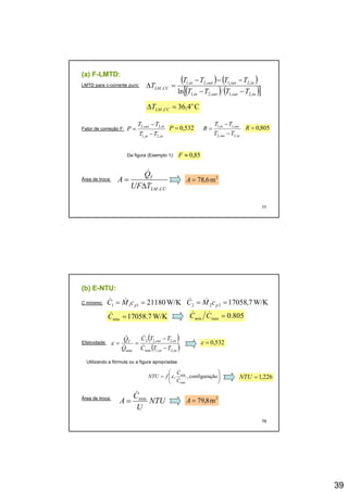 39
(a) F(a) F--LMTD:LMTD:
LMTD para c-corrente puro:
( ) ( )
( ) ( )[ ]inoutoutin
inoutoutin
CCLM
TTTT
TTTT
T
,2,1,2,1
,2,1,2,1
,
ln −−
−−−
=Δ
C4,36 o
, =Δ CCLMT
Fator de correção F:
inin
inout
TT
TT
P
,2,1
,2,2
−
−
=
inout
outin
TT
TT
R
,2,2
,1,1
−
−
=532,0=P 805,0=R
Da figura (Exemplo 1): 85,0≈F
77
Área de troca:
CCLM
T
TUF
Q
A
,Δ
=
&
2
m6,78=A
(b) E(b) E--NTU:NTU:
C mínimo: W/K21180111 == pcMC &&
W/K7.17058min =C&
W/K7,17058222 == pcMC &&
805.0maxmin =CC &&
Efetividade:
( )
( )inin
inoutT
TTC
TTC
Q
Q
,2,1min
,2,22
max −
−
==
&
&
&
&
ε 532,0=ε
Utilizando a fórmula ou a figura apropriadas
226,1=NTU⎟⎟
⎠
⎞
⎜⎜
⎝
⎛
= ãoconfiguraç,, min
C
C
fNTU &
&
ε
78
Área de troca:
NTU
U
C
A min
&
= 2
m8,79=A
,⎟
⎠
⎜
⎝ maxC
 