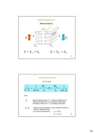 41
Coeficiente global (cont.)
NomenclaturaNomenclatura
t oδ
iT oT
ih oh
iδ ifL , ofL ,
T T
81
iwT , owT ,
ibifi AAA ,, += obofo AAA ,, +=
ofif R
R
R 111 ,,
+
′′
++
′′
+=
Coeficiente global (cont.)
Forma geral
oooo
w
iiii AhA
R
AAhAU ηη**
++++=
*
A área de referência para . Precisa ser definida com
clareza (principalmente em trocadores de geometria
*
U
onde:
82
(p p g
complexa!). Pode ser ou qualquer outro valor.oi AA ,
oi AA ; áreas de troca da parede em suas superfícies interna e
externa, respectivamente.
Ex. tubo de comprimento L
LDA
LDA
oo
ii
π
π
=
=
 