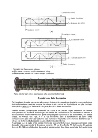 7
- Trocador de Calor casco e tubos
a - Um passe no casco e dois passes nos tubos.
b - Dois passes no casco e quatro passes nos tubos.
Feixe tubular com tubos espiralados (alto rendimento térmico)
Trocadores de Calor Compactos
Os trocadores de calor compactos são usados, tipicamente, quando se deseja ter uma grande área
de transferência de calor por unidade de volume e pelo menos um dos fluidos é um gás. Um bom
exemplo é o radiador do sistema de refrigeração dos motores automotivos.
Existem muitas configurações diferentes de tubos e de placas, cujas diferenças se devem
principalmente ao modelo e à disposição das aletas. As características da transferência de calor e
do escoamento foram determinadas para configurações específicas e se apresentam, nos casos
típicos, no formato das Figs. 1 e 2. Os resultados para a transferência de calor estão
correlacionados pelo fator j de Colbum e pelo número de Reynolds, com o número de Stanton (St =
h/Gcp) e o de Reynolds baseados na velocidade mássica máxima
A grandeza s , é a razão entre a área mínima de escoamento livre das passagens aletadas (área
da seção reta perpendicular à direção da corrente) Aff e a área frontal Afr do trocador. Os valores
de s, de Dh (diâmetro hidráulico do canal de escoamento), de a (área superficial de transferência
 