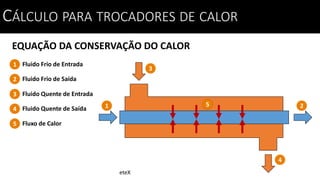 EQUAÇÃO DA CONSERVAÇÃO DO CALOR
CÁLCULO PARA TROCADORES DE CALOR
Fluido Frio de Entrada1
2 Fluido Frio de Saída
Fluido Quente de Entrada3
4 Fluido Quente de Saída 1 2
3
4
5 Fluxo de Calor
5
eteX
 