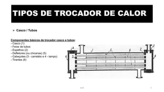 TIPOS DE TROCADOR DE CALOR
 Casco / Tubos
Componentes básicos de trocador casco e tubos:
- Casco (1)
- Feixe de tubos
- Espelhos (2)
- Defletores (ou chicanas) (5)
- Cabeçotes (3 - carretéis e 4 - tampo)
- Tirantes (6)
3
eteX 3
 