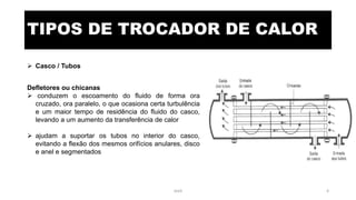 TIPOS DE TROCADOR DE CALOR
 Casco / Tubos
Defletores ou chicanas
 conduzem o escoamento do fluido de forma ora
cruzado, ora paralelo, o que ocasiona certa turbulência
e um maior tempo de residência do fluido do casco,
levando a um aumento da transferência de calor
 ajudam a suportar os tubos no interior do casco,
evitando a flexão dos mesmos orifícios anulares, disco
e anel e segmentados
eteX 4
 