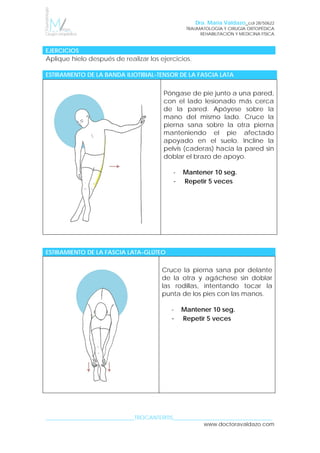 Dra. María Valdazo_col 28/50622
TRAUMATOLOGÍA Y CIRUGÍA ORTOPÉDICA
REHABILITACIÓN Y MEDICINA FÍSICA
SINDROME CINTILLA ILIOTIBIAL 
_________________________________TROCANTERITIS_____________________________________
www.doctoravaldazo.com
EJERCICIOS
Aplique hielo después de realizar los ejercicios.
ESTIRAMIENTO DE LA BANDA ILIOTIBIAL-TENSOR DE LA FASCIA LATA
Póngase de pie junto a una pared,
con el lado lesionado más cerca
de la pared. Apóyese sobre la
mano del mismo lado. Cruce la
pierna sana sobre la otra pierna
manteniendo el pie afectado
apoyado en el suelo. Incline la
pelvis (caderas) hacia la pared sin
doblar el brazo de apoyo.
- Mantener 10 seg.
- Repetir 5 veces
ESTIRAMIENTO DE LA FASCIA LATA-GLÚTEO
Cruce la pierna sana por delante
de la otra y agáchese sin doblar
las rodillas, intentando tocar la
punta de los pies con las manos.
- Mantener 10 seg.
- Repetir 5 veces
 