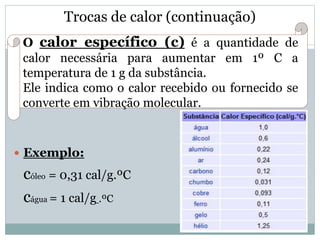 Trocas de calor (continuação)
 Exemplo:
cóleo = 0,31 cal/g.ºC
cágua = 1 cal/g .ºC
O calor específico (c) é a quantidade de
calor necessária para aumentar em 1º C a
temperatura de 1 g da substância.
Ele indica como o calor recebido ou fornecido se
converte em vibração molecular.
 