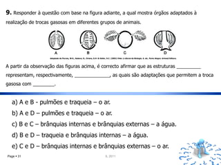 9. Responder à questão com base na figura adiante, a qual mostra órgãos adaptados à
realização de trocas gasosas em diferentes grupos de animais.




                   Adaptado de Purves, W.K., Sadava, D., Orians, G.H. & Heller, H.C. (2002) Vida: a ciência da Biologia. 6. ed., Porto Alegre: Artmed Editora.



A partir da observação das figuras acima, é correcto afirmar que as estruturas _________
representam, respectivamente, _____________, as quais são adaptações que permitem a troca
gasosa com ________.


  a) A e B - pulmões e traqueia – o ar.
  b) A e D – pulmões e traqueia – o ar.
  c) B e C – brânquias internas e brânquias externas – a água.
  d) B e D – traqueia e brânquias internas – a água.
  e) C e D – brânquias internas e brânquias externas – o ar.
Page  31                                                                      IL 2011
 