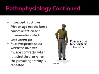  Increased repetitive
friction against the bursa
causes irritation and
inflammation which in
turn causes pain.
 Pain symptoms occur
when the involved
muscle contracts, when
it is stretched, or when
the provoking activity is
repeated.
 