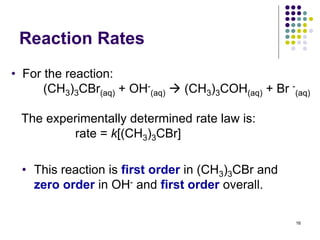 Reaction Rates
16
• For the reaction:
(CH3)3CBr(aq) + OH-
(aq)  (CH3)3COH(aq) + Br -
(aq)
The experimentally determined rate law is:
rate = k[(CH3)3CBr]
• This reaction is first order in (CH3)3CBr and
zero order in OH- and first order overall.
 