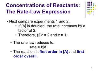 Concentrations of Reactants:
The Rate-Law Expression
24
• Next compare experiments 1 and 2.
• If [A] is doubled, the rate increases by a
factor of 2.
• Therefore, (2)x = 2 and x = 1.
• The rate law reduces to:
rate = k[A]
• The reaction is first order in [A] and first
order overall.
 