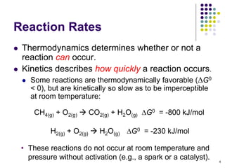 Reaction Rates
 Thermodynamics determines whether or not a
reaction can occur.
 Kinetics describes how quickly a reaction occurs.
 Some reactions are thermodynamically favorable (G0
< 0), but are kinetically so slow as to be imperceptible
at room temperature:
4
CH4(g) + O2(g)  CO2(g) + H2O(g) G0 = -800 kJ/mol
H2(g) + O2(g)  H2O(g) G0 = -230 kJ/mol
• These reactions do not occur at room temperature and
pressure without activation (e.g., a spark or a catalyst).
 