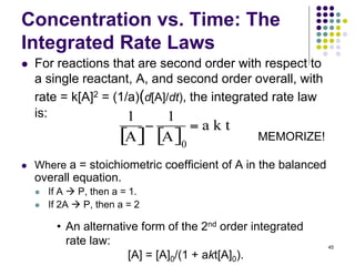 Concentration vs. Time: The
Integrated Rate Laws
 For reactions that are second order with respect to
a single reactant, A, and second order overall, with
rate = k[A]2 = (1/a)(d[A]/dt), the integrated rate law
is:
 Where a = stoichiometric coefficient of A in the balanced
overall equation.
 If A  P, then a = 1.
 If 2A  P, then a = 2
45
MEMORIZE!
• An alternative form of the 2nd order integrated
rate law:
[A] = [A]0/(1 + akt[A]0).
 
