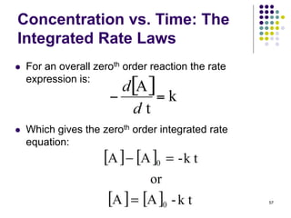  For an overall zeroth order reaction the rate
expression is:
57
Concentration vs. Time: The
Integrated Rate Laws
 Which gives the zeroth order integrated rate
equation:
 