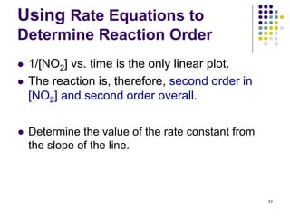 Using Rate Equations to
Determine Reaction Order
 1/[NO2] vs. time is the only linear plot.
 The reaction is, therefore, second order in
[NO2] and second order overall.
72
● Determine the value of the rate constant from
the slope of the line.
 