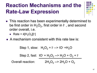 Reaction Mechanisms and the
Rate-Law Expression
 This reaction has been experimentally determined to
be first order in H2O2, first order in I- , and second
order overall, i.e.
 Rate = k[H2O2][I-]
87
Step 1, slow: H2O2 + I- --> IO- +H2O
Step 2, fast: IO- + H2O2 --> H2O + O2 + I-
Overall reaction: 2H2O2 --> 2H2O + O2
 A mechanism consistent with this rate law is:
 